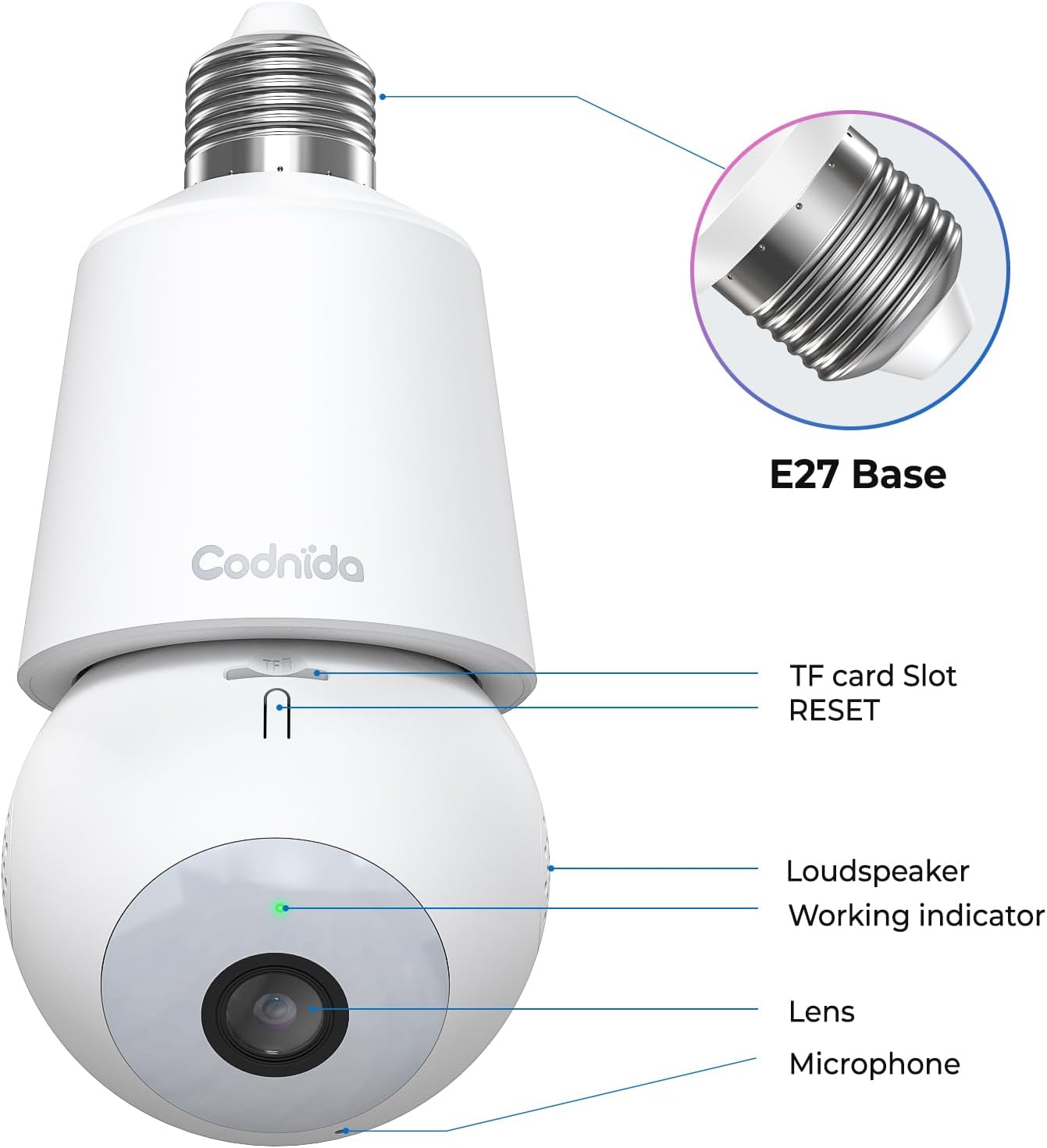 Codnida Gray WiFi Bullet Camera Security Light Bulb for Indoor & Outdoor DEMO