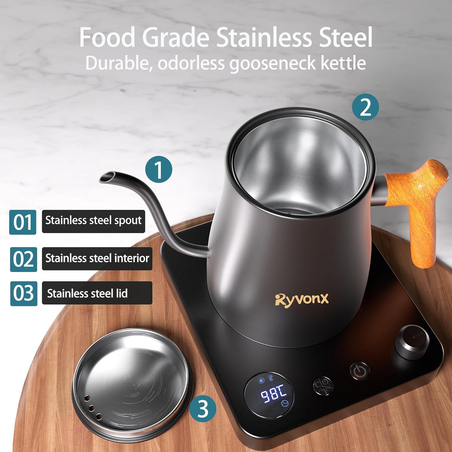 Ryvonx Electric Kettle with Temperature Control LCD Display 1L Stainless DEMO