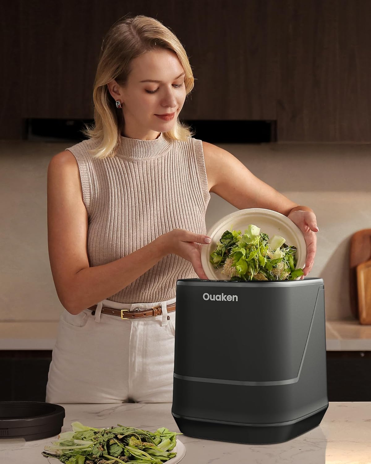 Ouaken Smart Countertop Compost Bin Odorless Low Waste Recycling Black DEMO