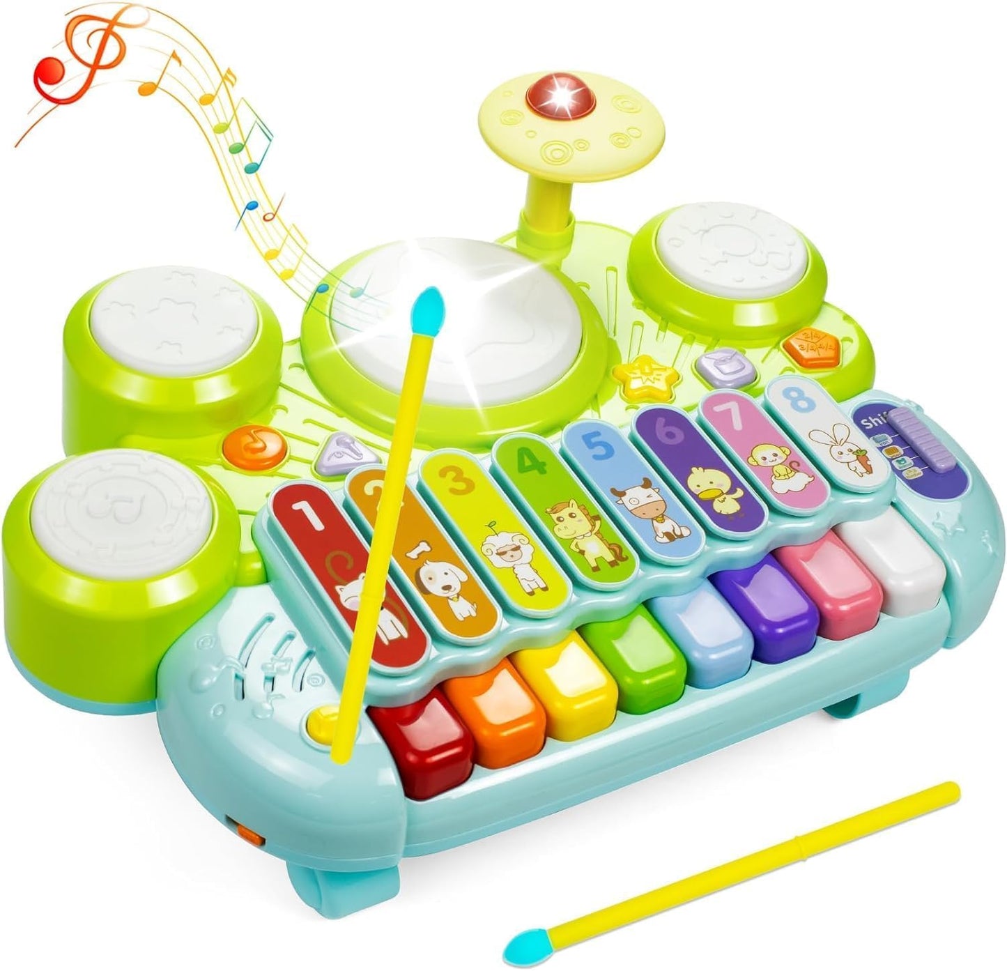 Anxuefa 3-in-1 Musical Toy Piano Keyboard Xylophone Drum Set Green and DEMO