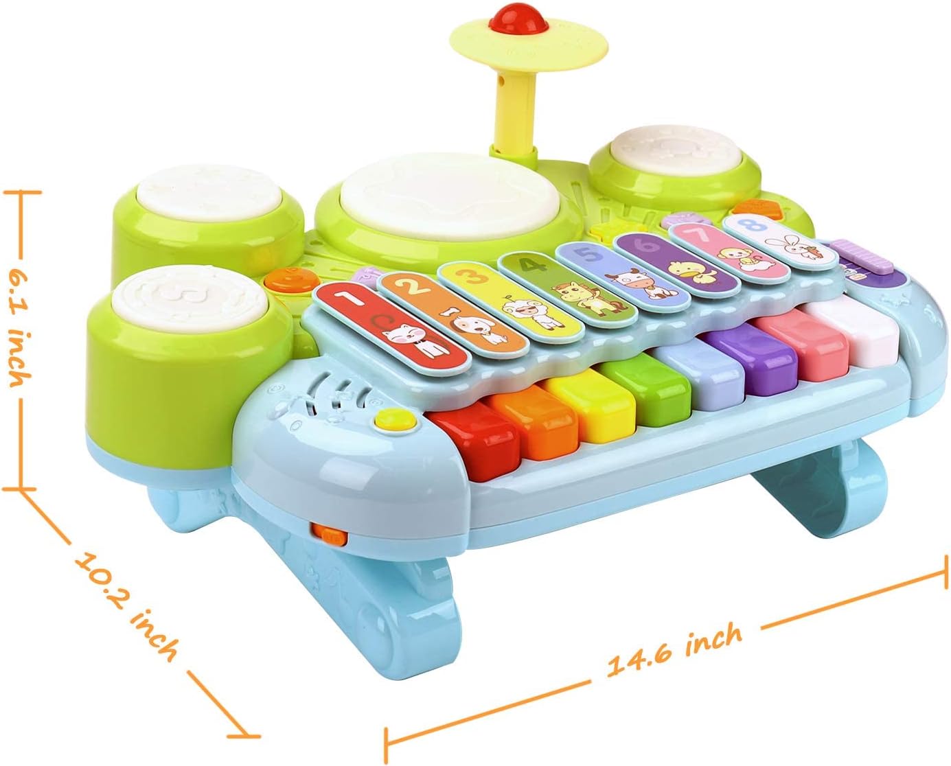 Anxuefa 3-in-1 Musical Toy Piano Keyboard Xylophone Drum Set Green and DEMO
