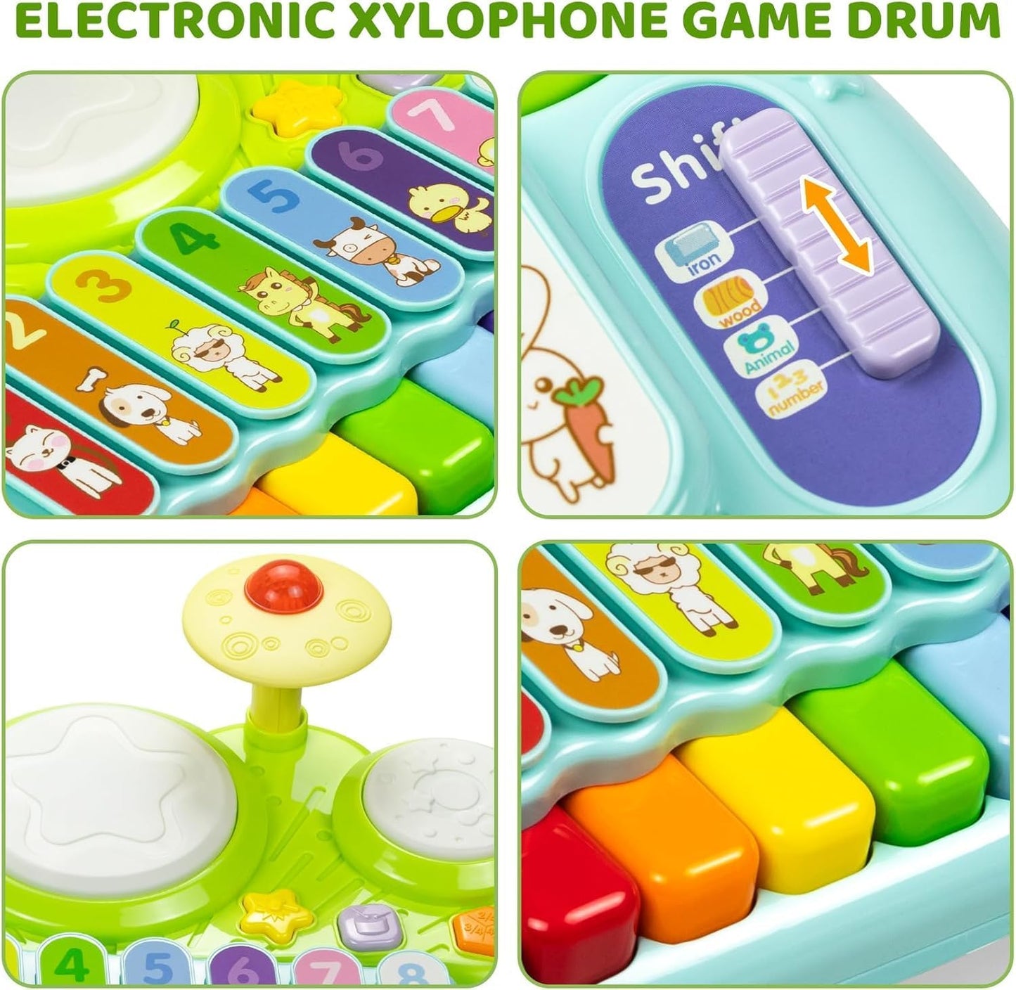 Anxuefa 3-in-1 Musical Toy Piano Keyboard Xylophone Drum Set Green and DEMO