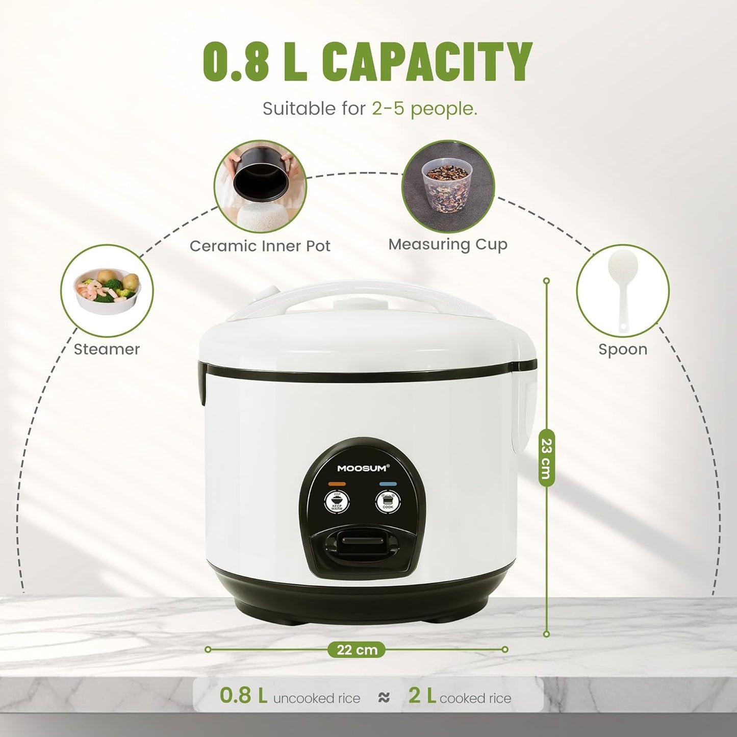 Moosum Rice Cooker with One Touch and Food Steamer 0.8L 5 Cup Capacity NEW