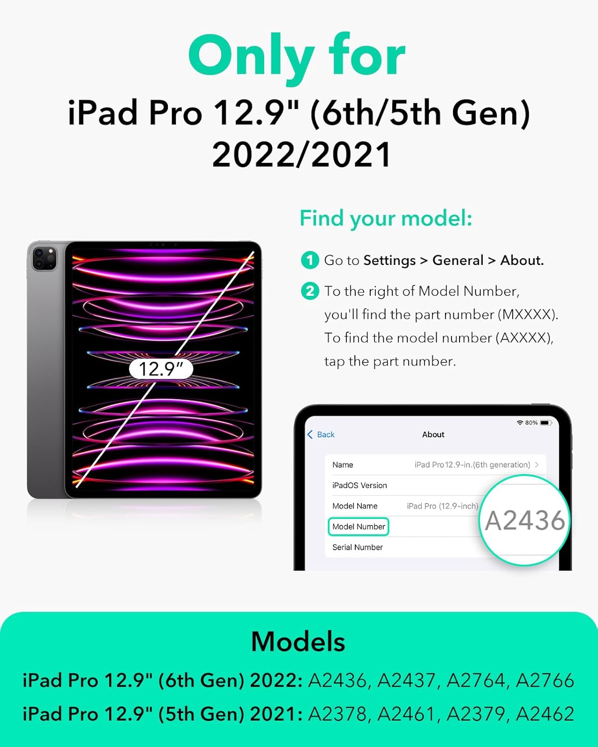 ESR Magnetic Cases Removable Case for iPad Pro 12.9 (6th/5th Gen), Black NEW