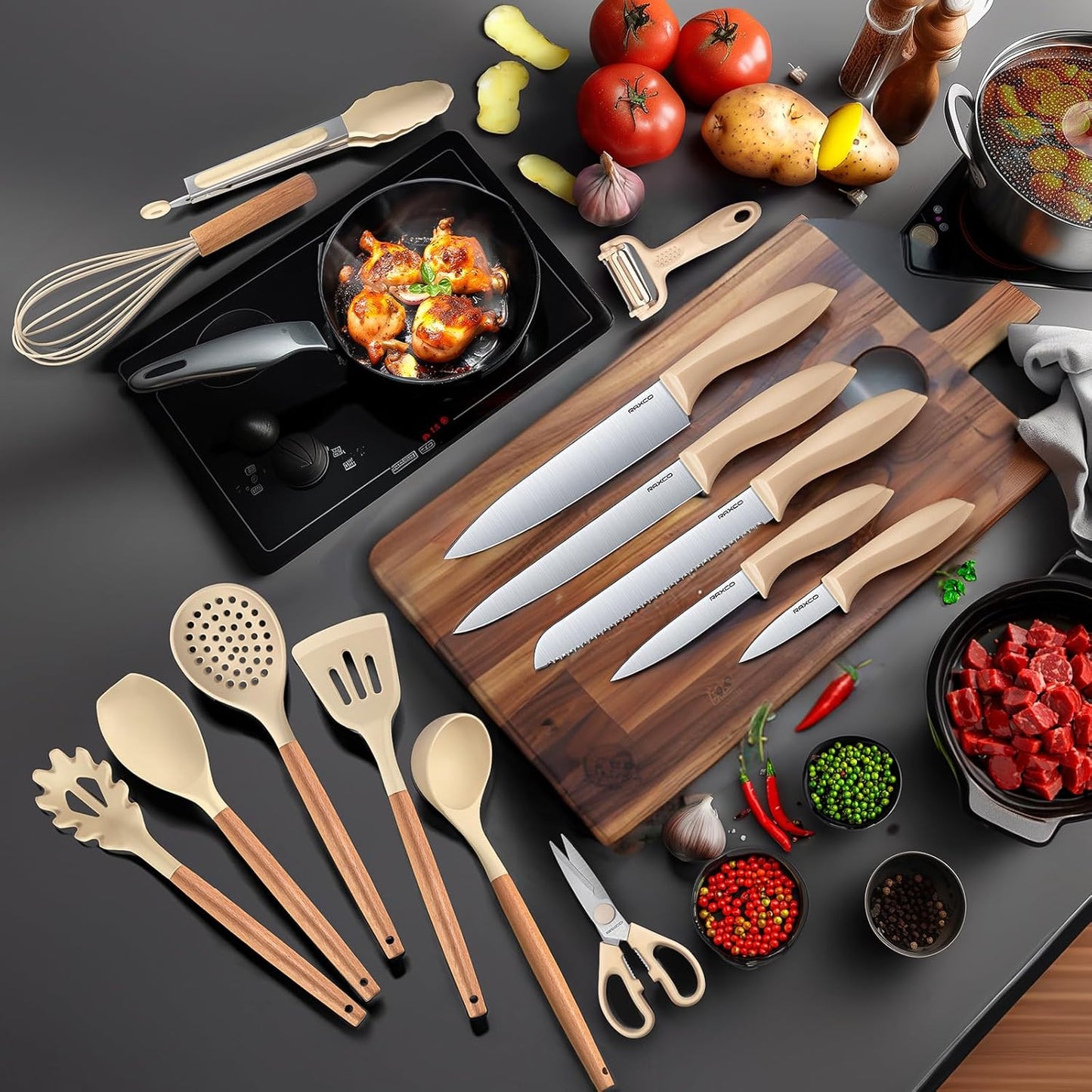 RAXCO 18-Piece Kitchen Knife Set with Silicone Spatula Cooking Utensils NEW