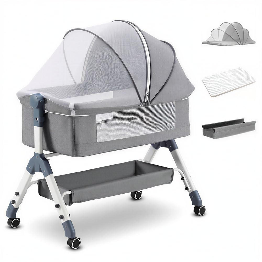 Playpals Grey Bedside Crib with Storage Basket, Wheels, and Mattress Size DEMO