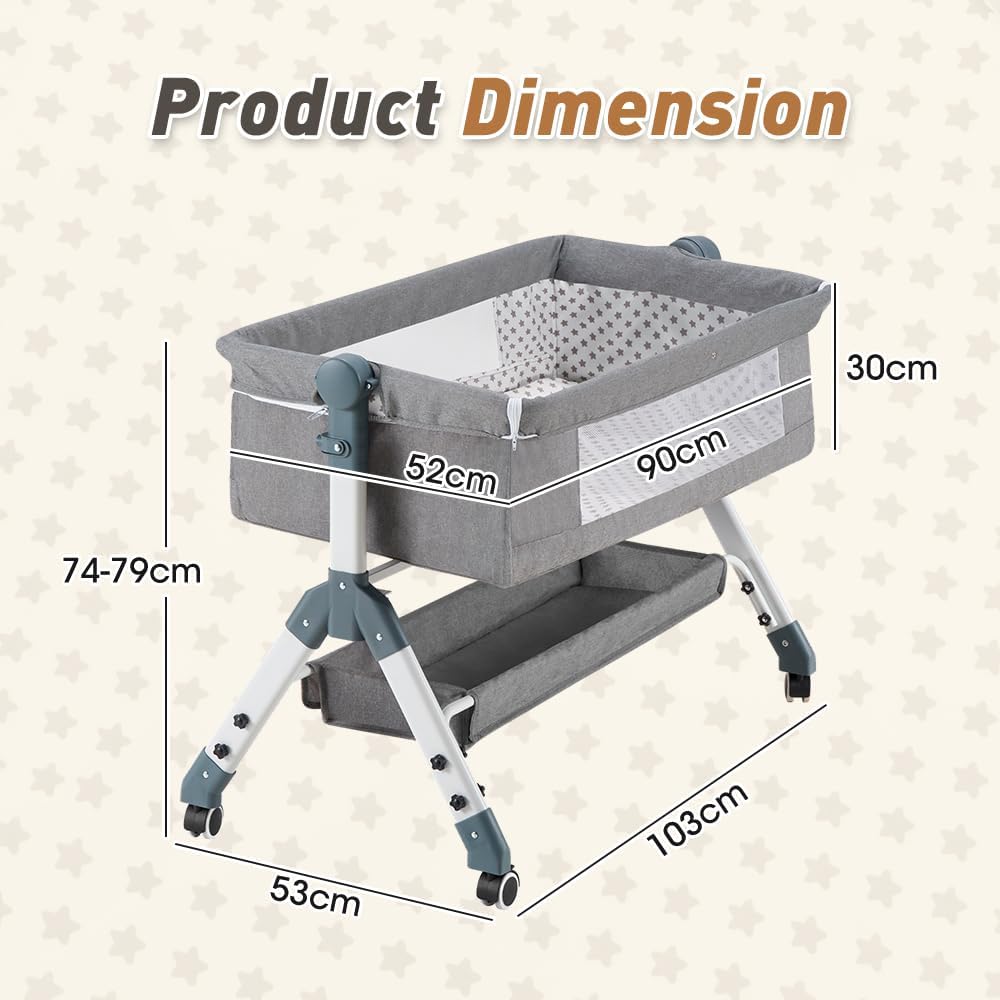 Playpals Grey Bedside Crib with Storage Basket, Wheels, and Mattress Size DEMO