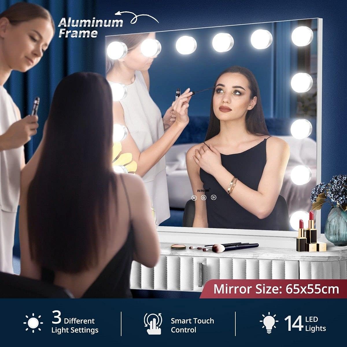 Maxkon Large Vanity Makeup Mirror with 14 LED Lights, Silver Dressing Table DEMO