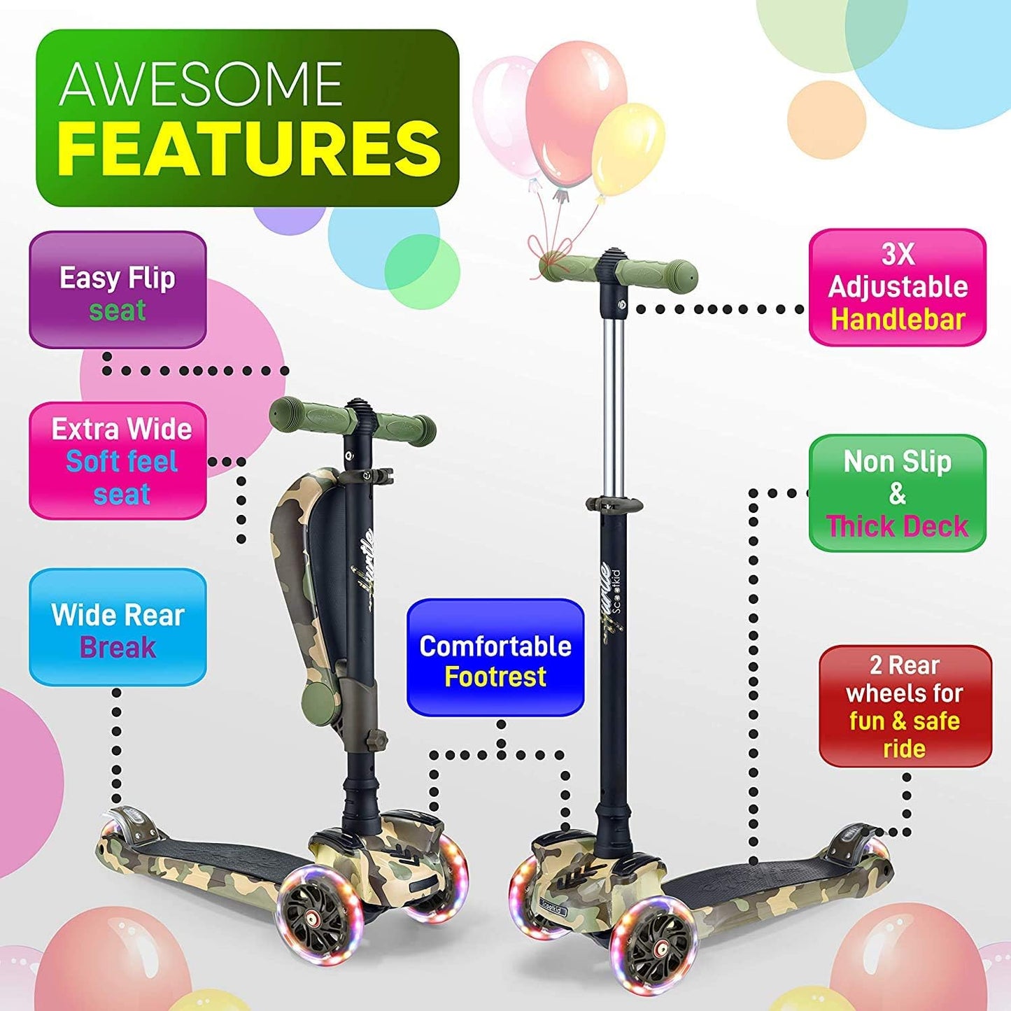 Hurtle 3-Wheeled Kick Scooter for Kids with LED Wheels Adjustable NEW