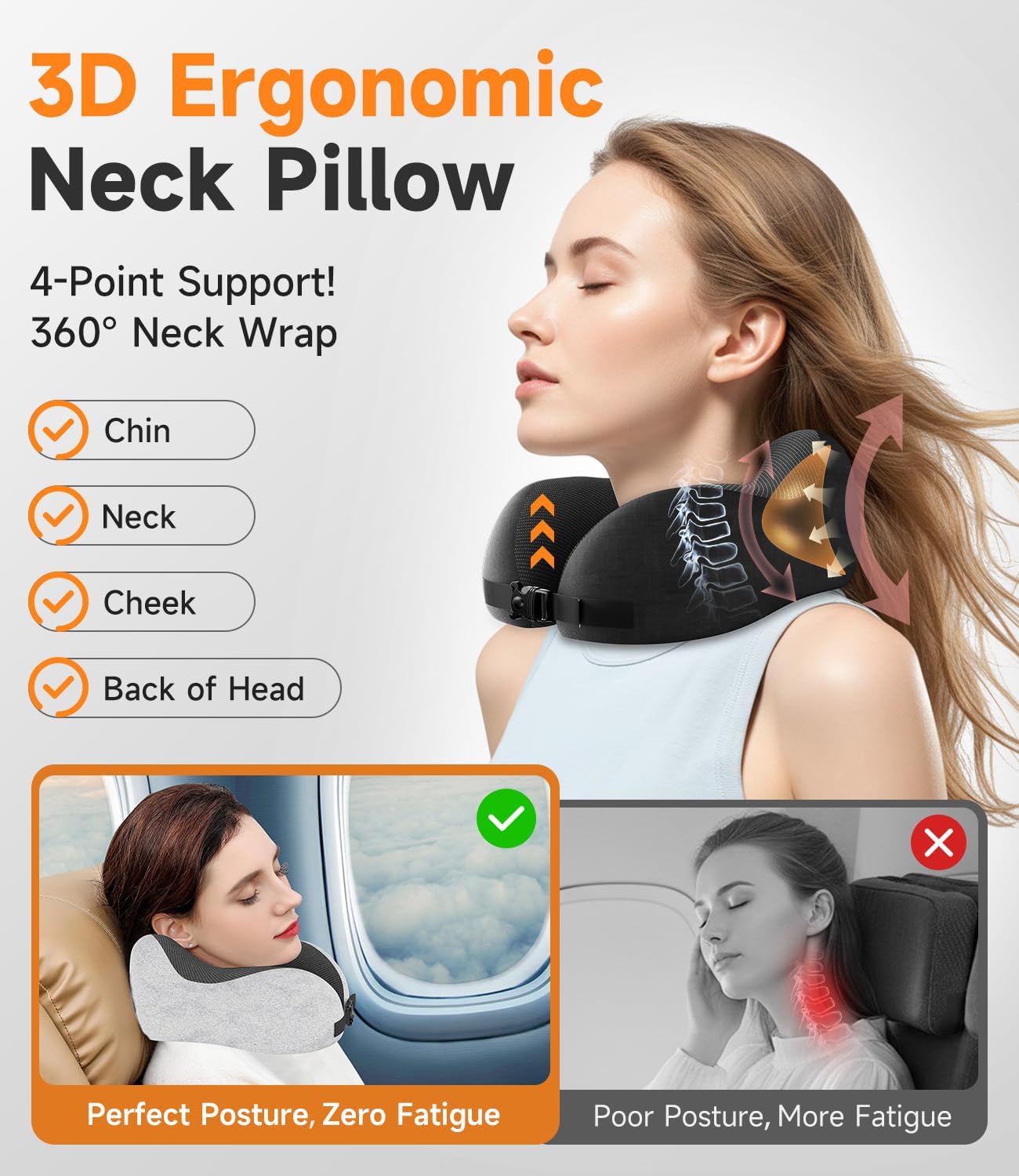 Greneo 360° Memory Foam Travel Pillow, Washable Black and Gray Neck Support NEW