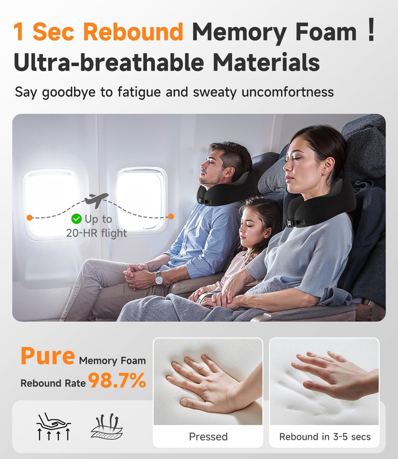 Greneo 360° Memory Foam Travel Pillow, Washable Black and Gray Neck Support NEW