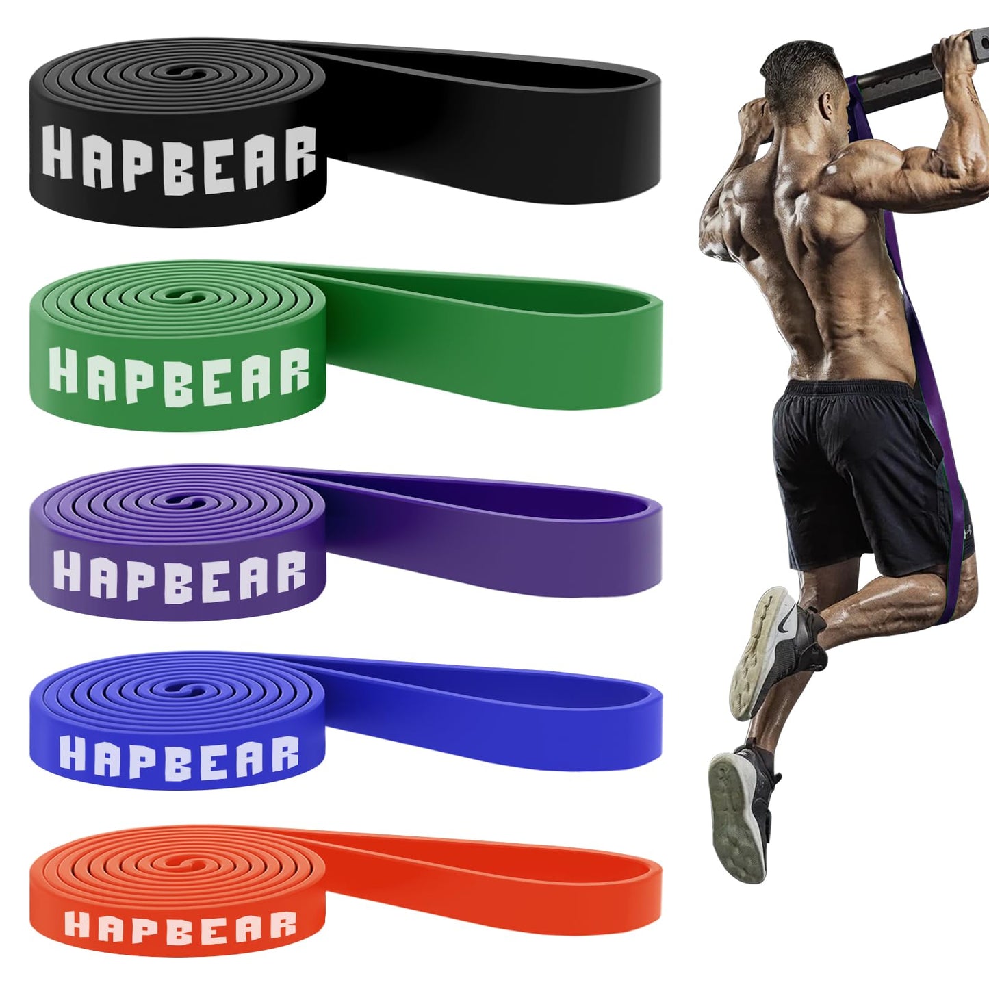 HAPBEAR Heavy Duty Resistance Bands 5 Levels, 30-250 lbs Workout for Men & DEMO