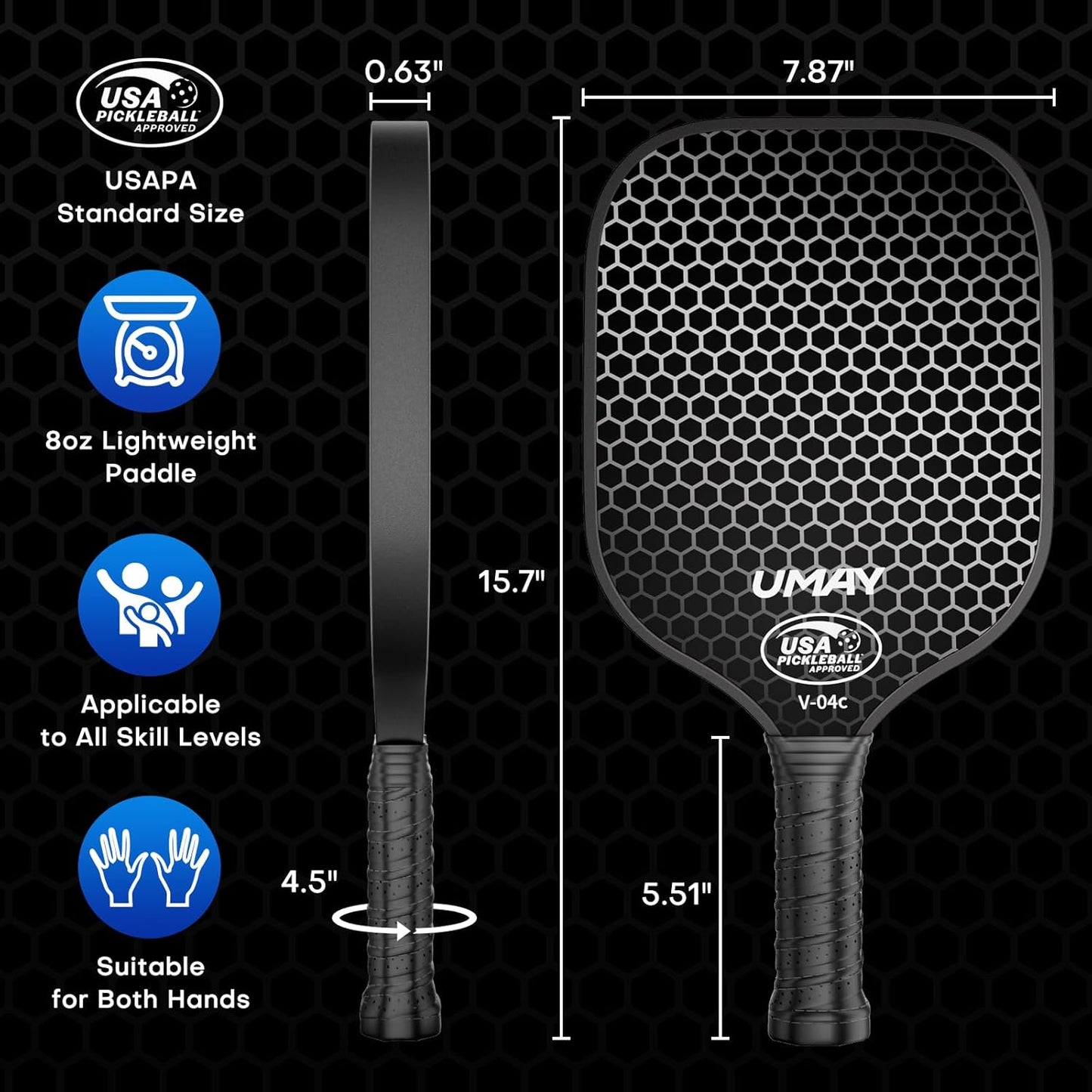 UMAY Tournament-Grade Paddles Carbon Fiber Pickleball Paddle, 4 1/2 inch DEMO