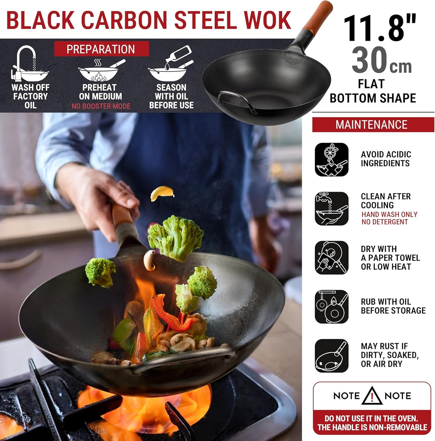 YOSUKATA Pre-Seasoned Woks Carbon Steel Wok Pan with Flat Bottom for Stir DEMO