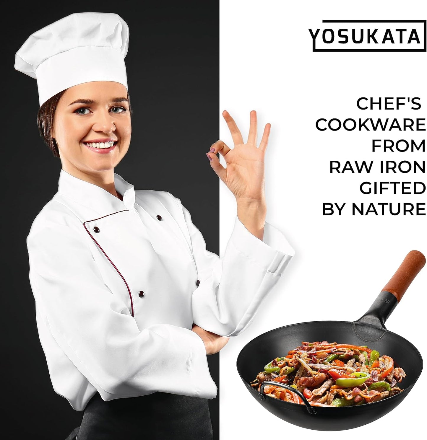 YOSUKATA Pre-Seasoned Woks Carbon Steel Wok Pan with Flat Bottom for Stir DEMO