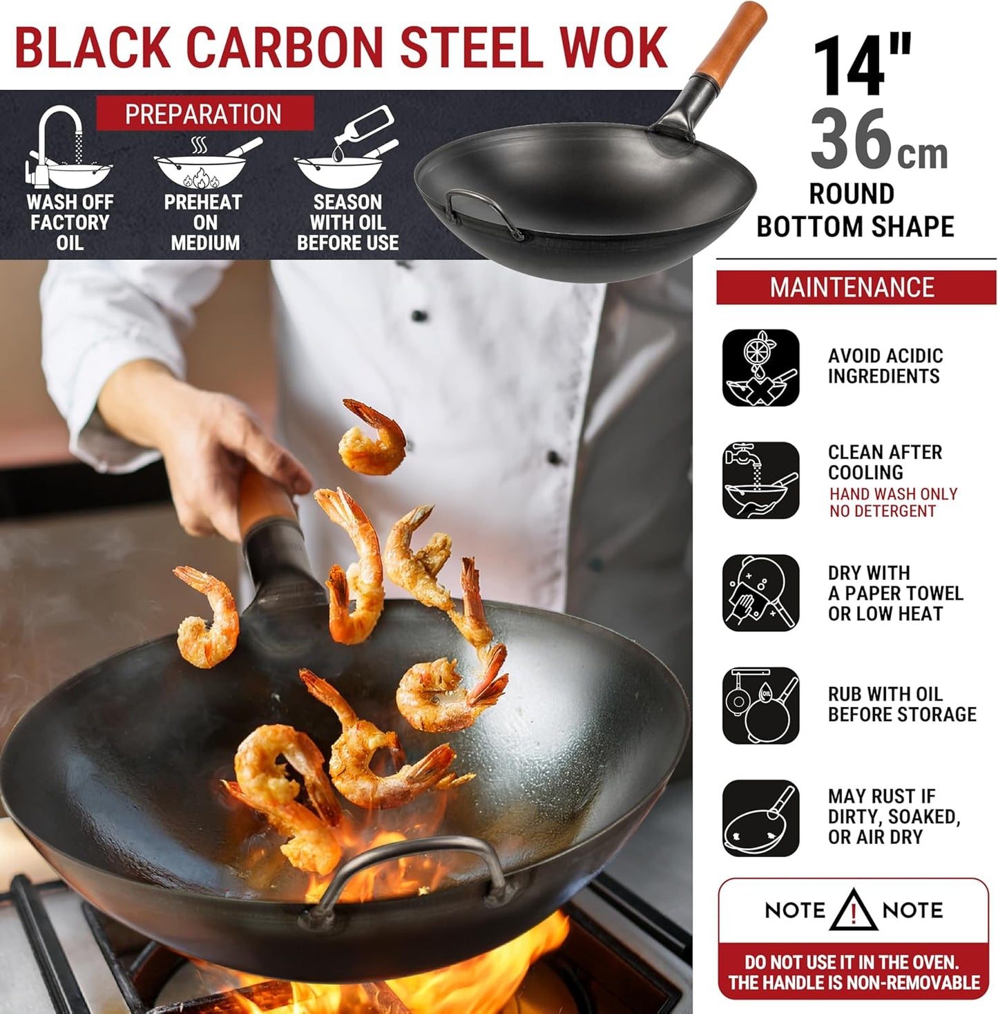 YOSUKATA 36cm Woks Carbon Steel Wok with Round Bottom, Pre-Seasoned for NEW