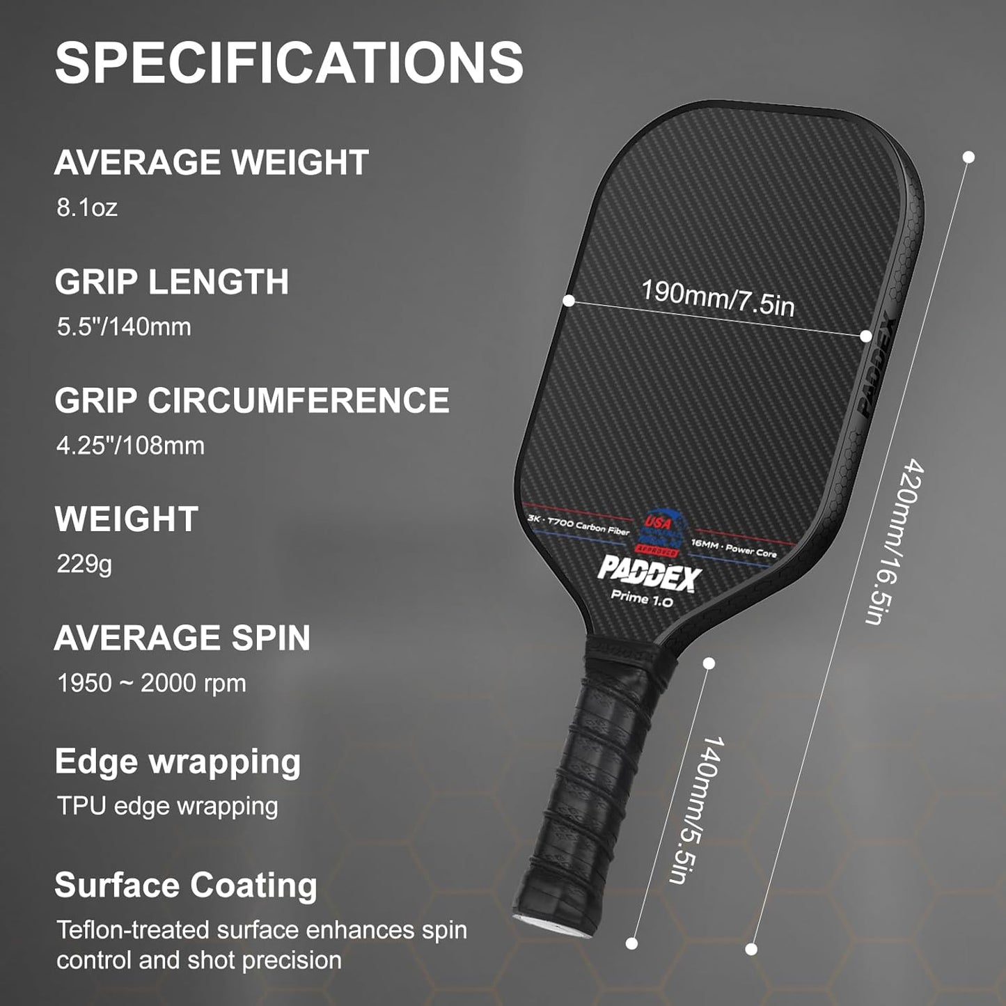 PADDEX Carbon Paddles Fiber Pickleball Paddle USAPA Approved 16.5 inches x DEMO