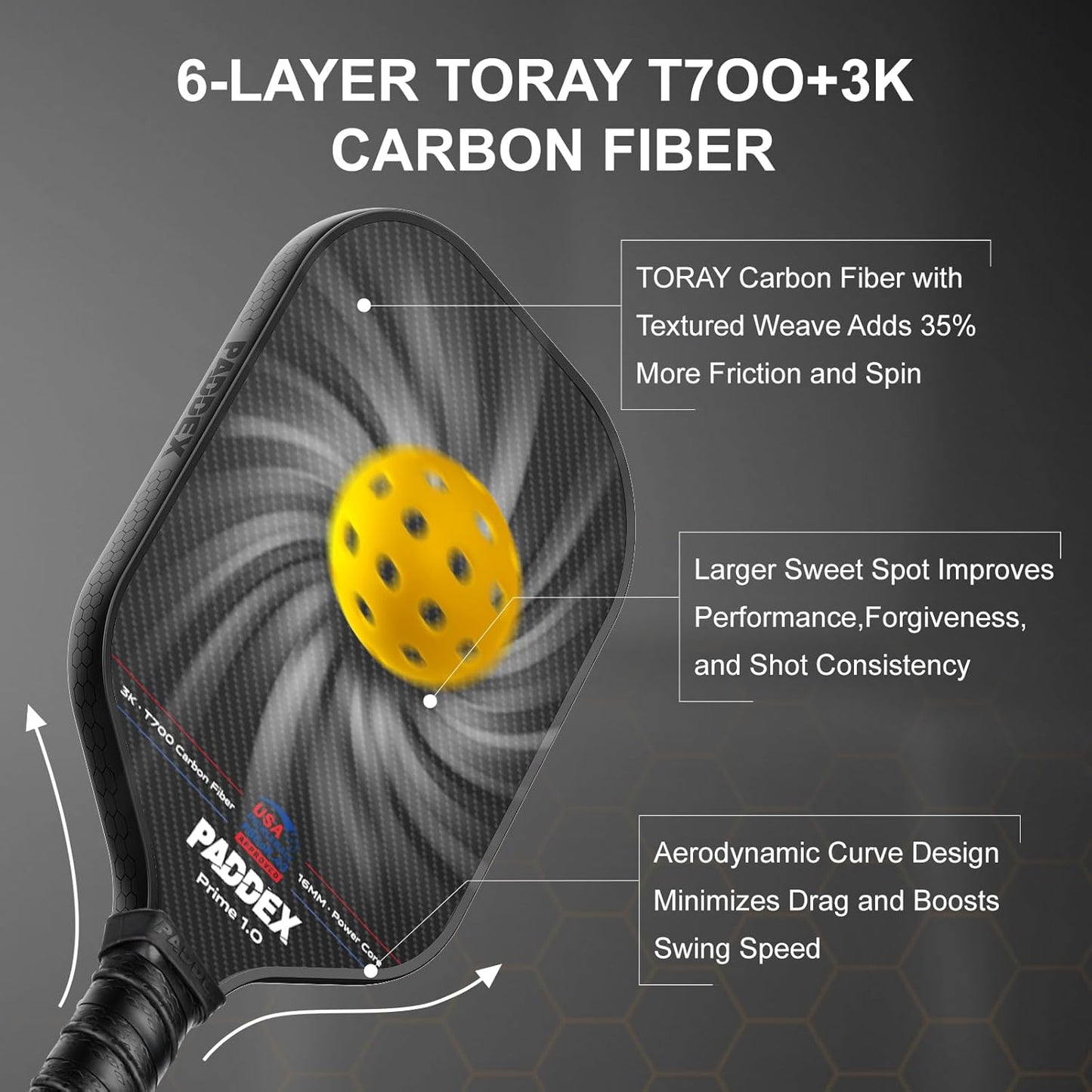 PADDEX Carbon Paddles Fiber Pickleball Paddle USAPA Approved 16.5 inches x DEMO