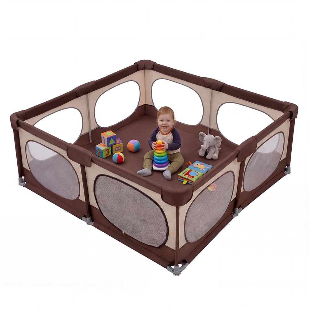 Playpals Large Baby Playpen & Play Pen for Infants Toddlers, Brown DEMO