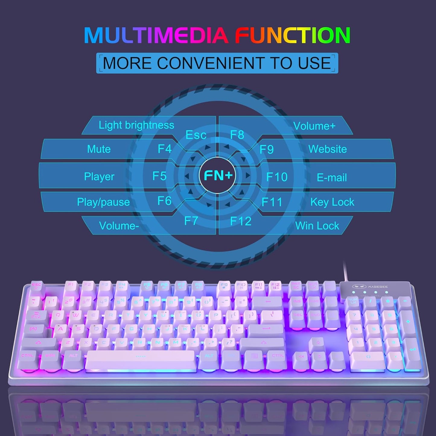 MageGee K1 Keyboards Violet RGB LED Backlit Gaming Keyboard with 104 Keys DEMO