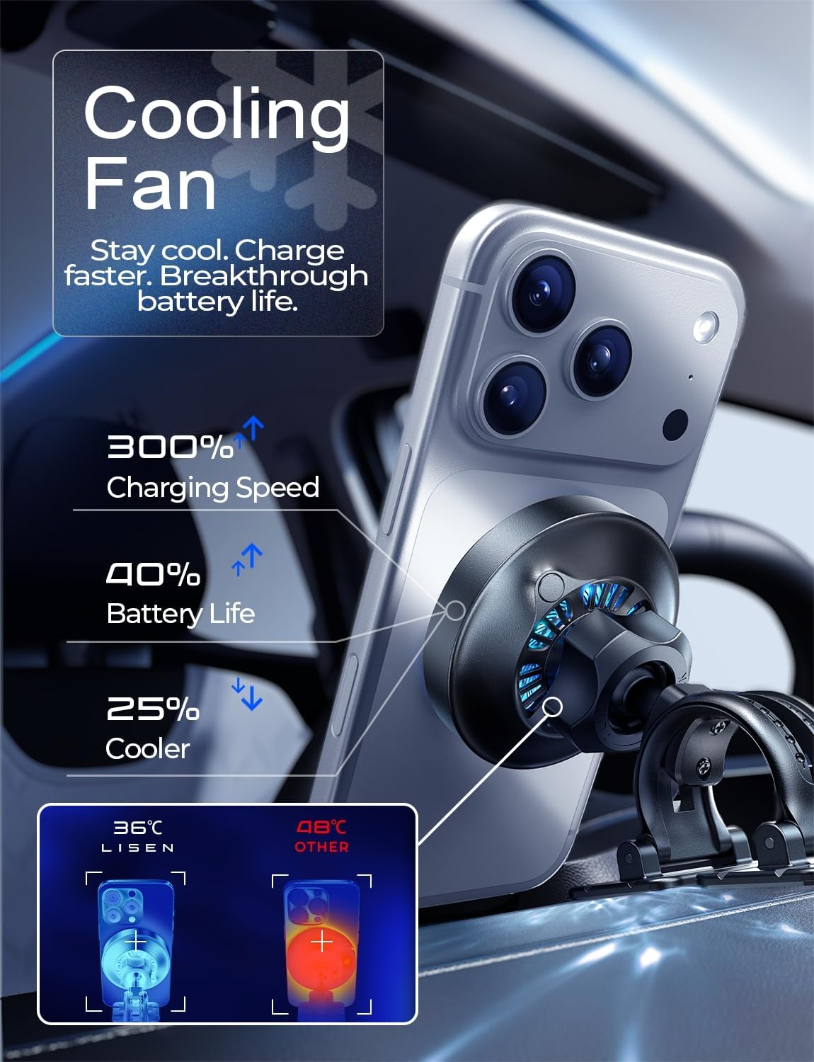 LISEN 25W Automobile Chargers Qi Wireless Car Charger Mount with Cooling DEMO