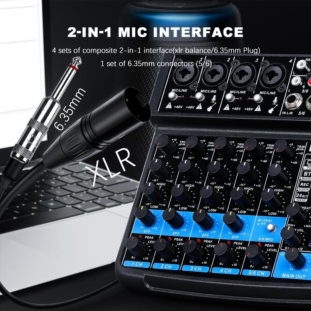 BOMGE 6-Channel DJ Mixers DJ Audio Mixer Console with USB Bluetooth DEMO