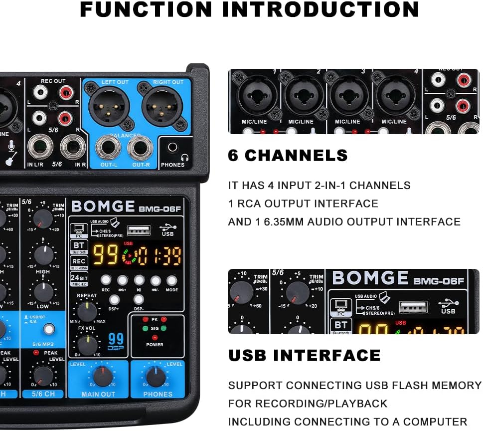 BOMGE 6-Channel DJ Mixers DJ Audio Mixer Console with USB Bluetooth DEMO