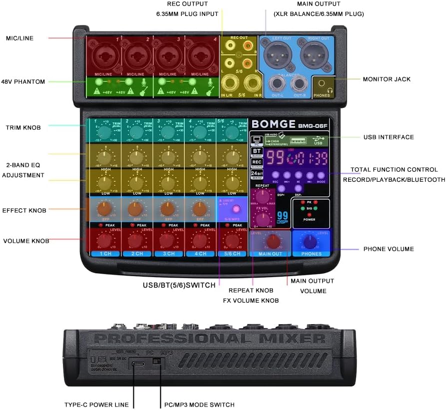 BOMGE 6-Channel DJ Mixers DJ Audio Mixer Console with USB Bluetooth DEMO