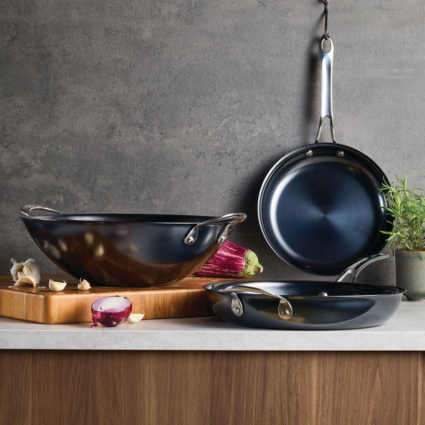 Anolon Carbon Woks Steel Wok 36cm Nonstick Induction Compatible Stir Fry NEW