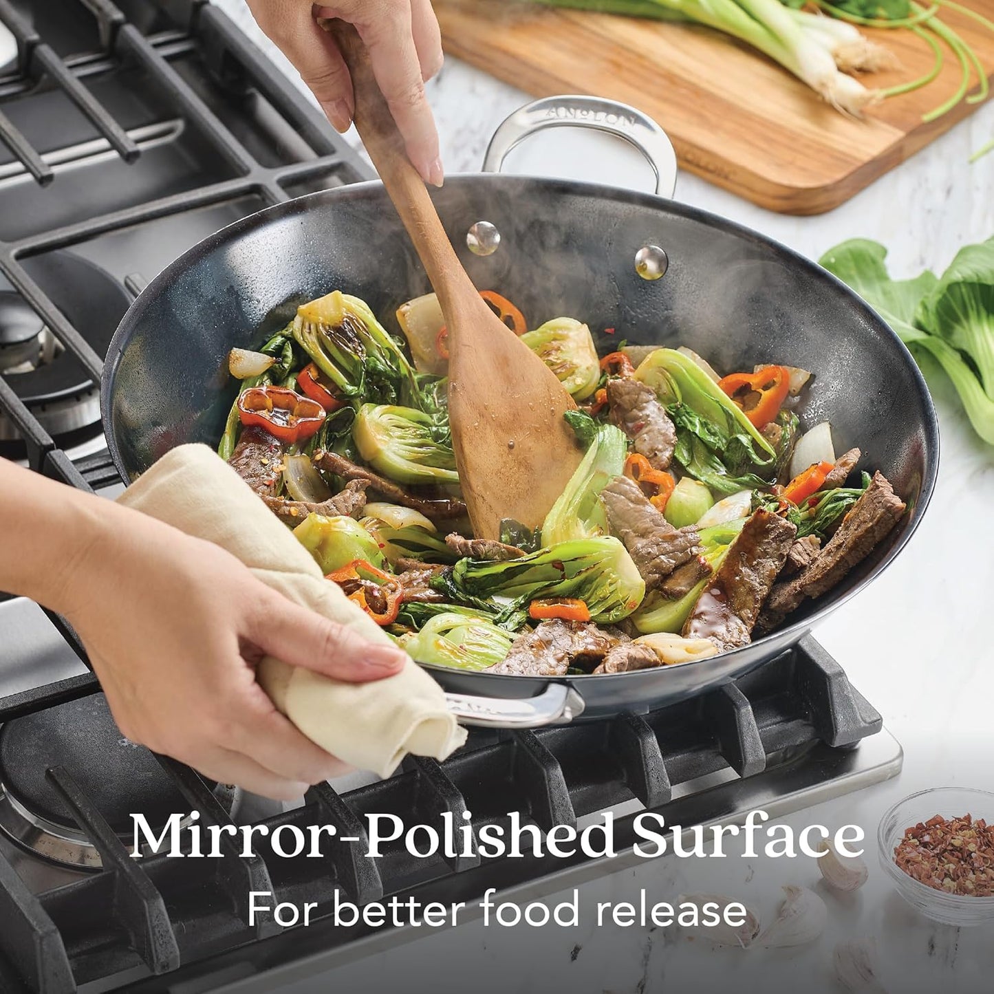 Anolon Carbon Woks Steel Wok 36cm Nonstick Induction Compatible Stir Fry NEW