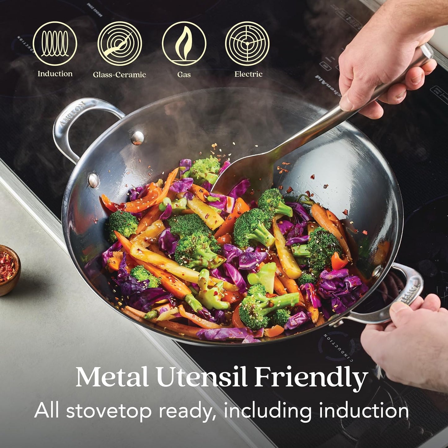 Anolon Carbon Woks Steel Wok 36cm Nonstick Induction Compatible Stir Fry NEW