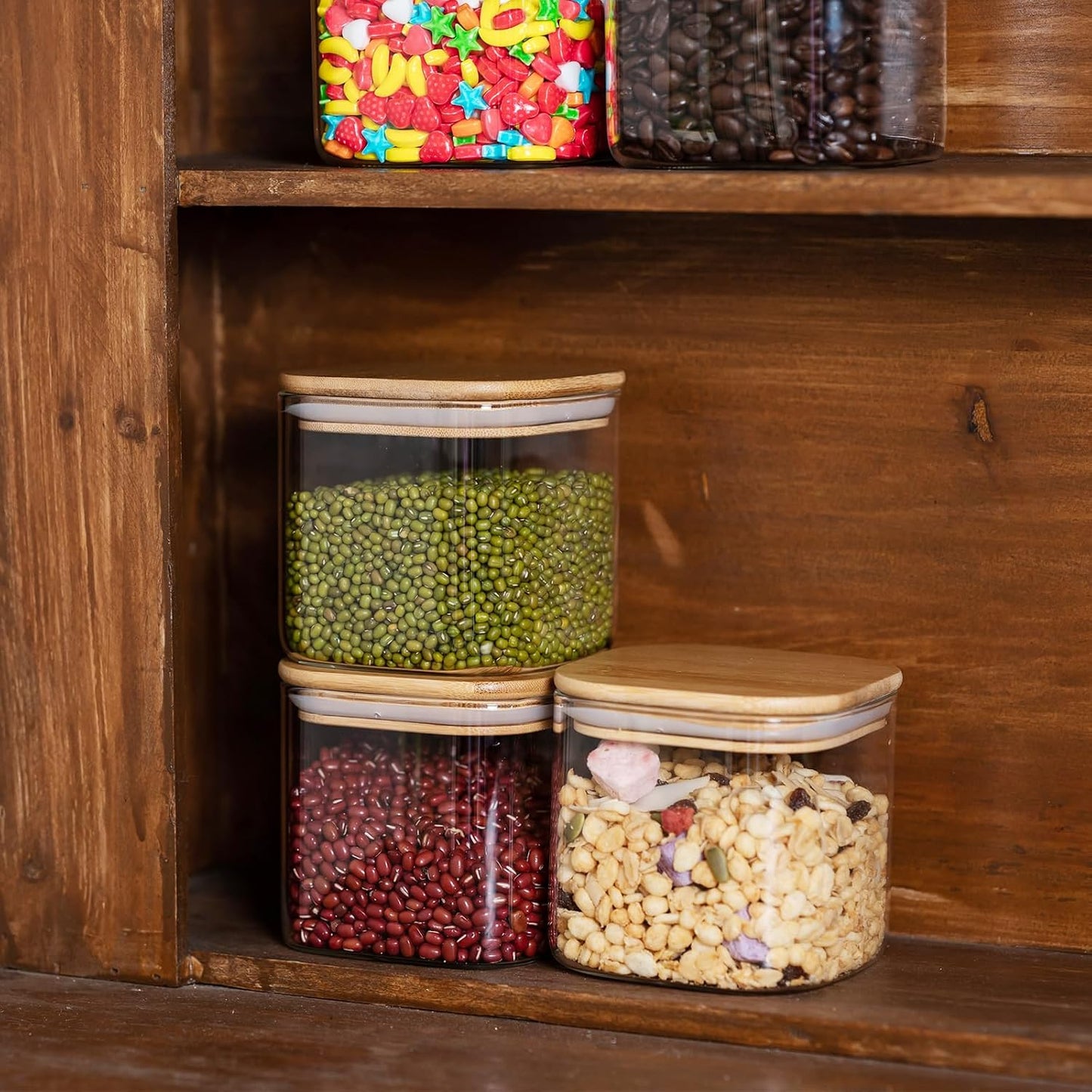 Liuruiyu Glass Food Storage Jars, 6 Square 27oz Containers, Airtight Lids DEMO