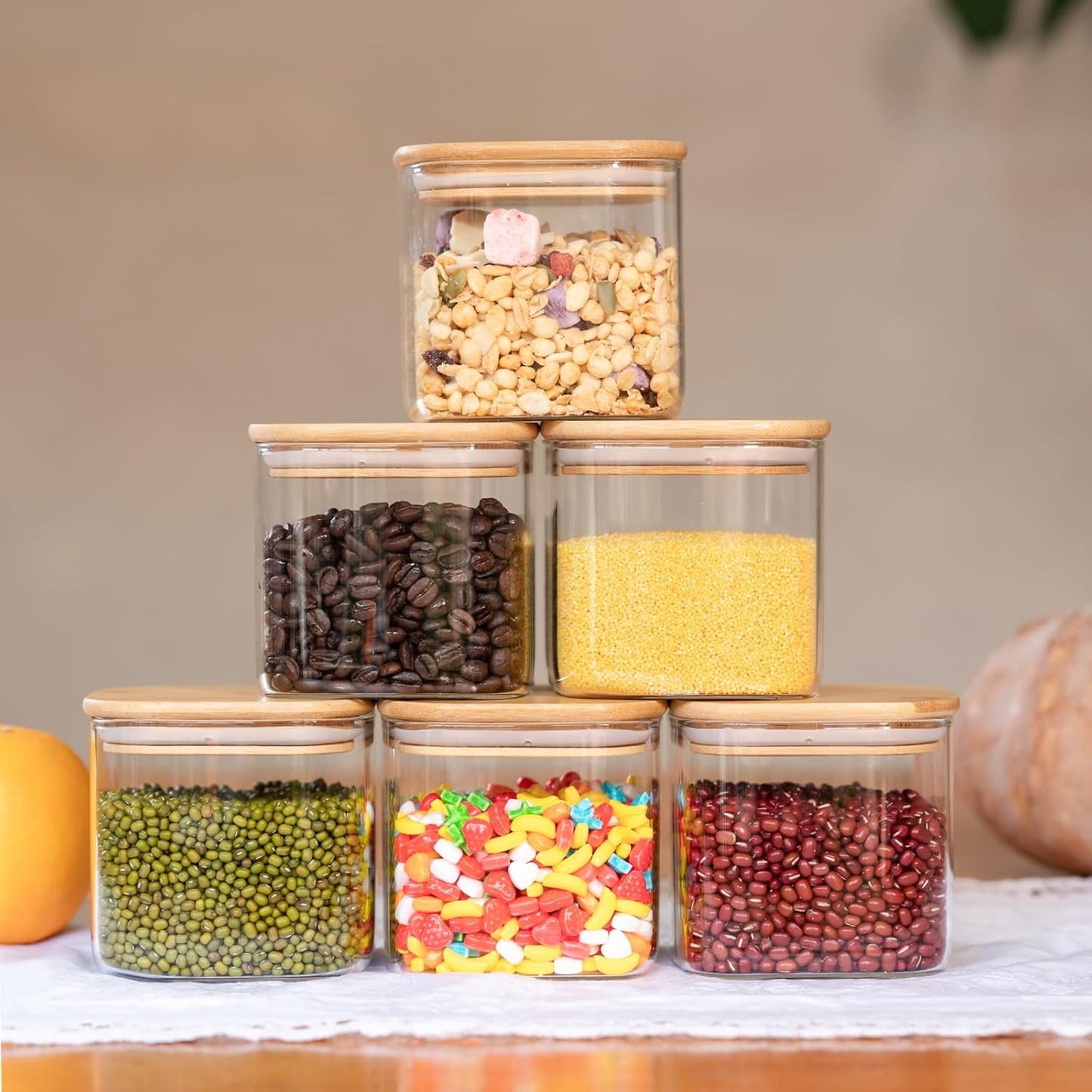 Liuruiyu Glass Food Storage Jars, 6 Square 27oz Containers, Airtight Lids DEMO