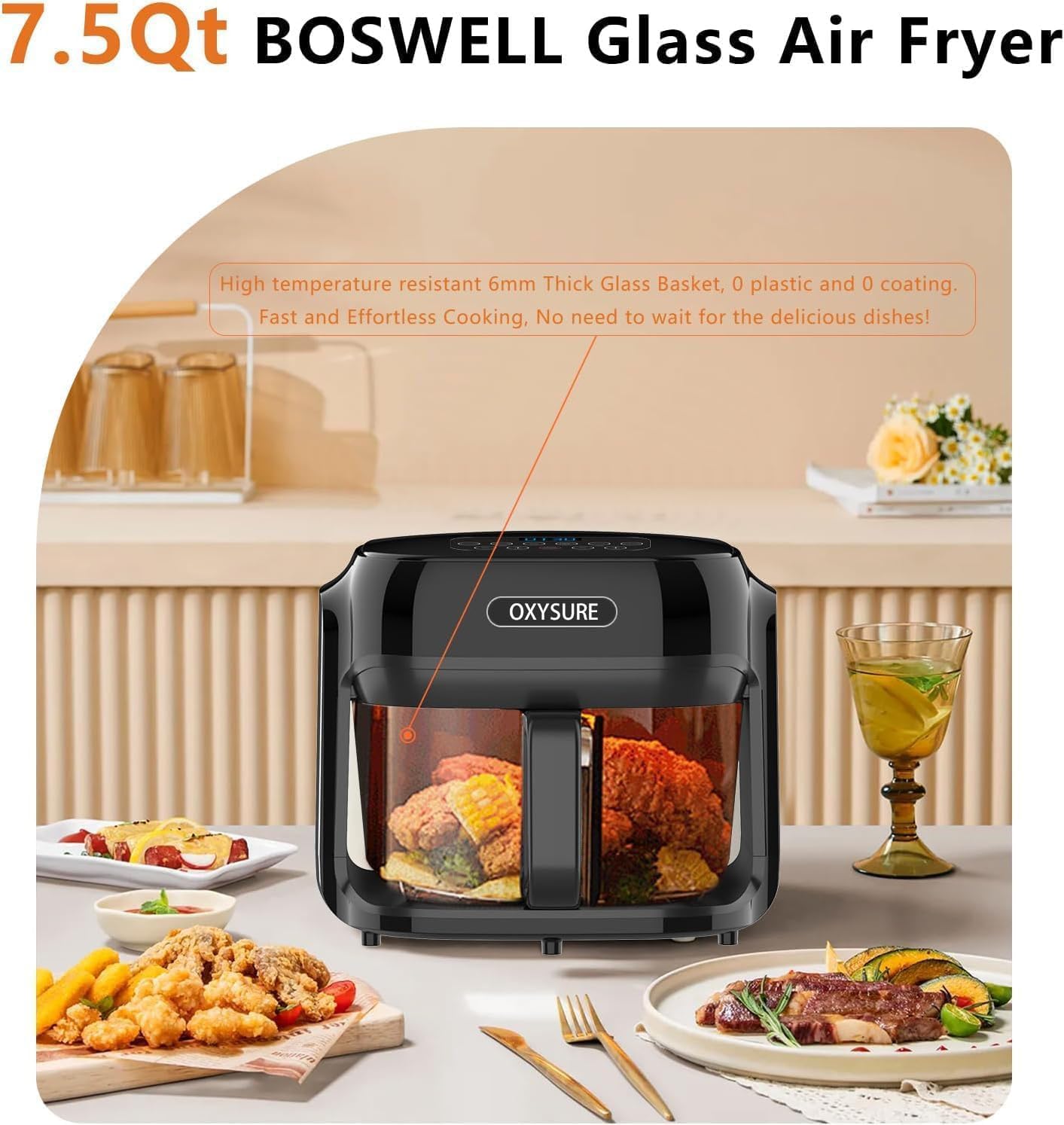 OXYSURE 7.5QT Air Fryers Glass Air Fryer with 360° Even Heating and DEMO