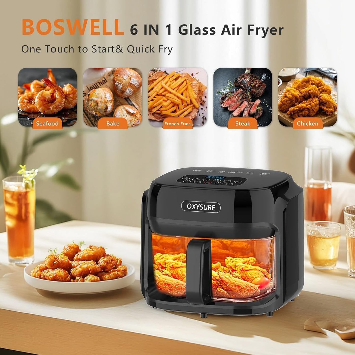 OXYSURE 7.5QT Air Fryers Glass Air Fryer with 360° Even Heating and DEMO