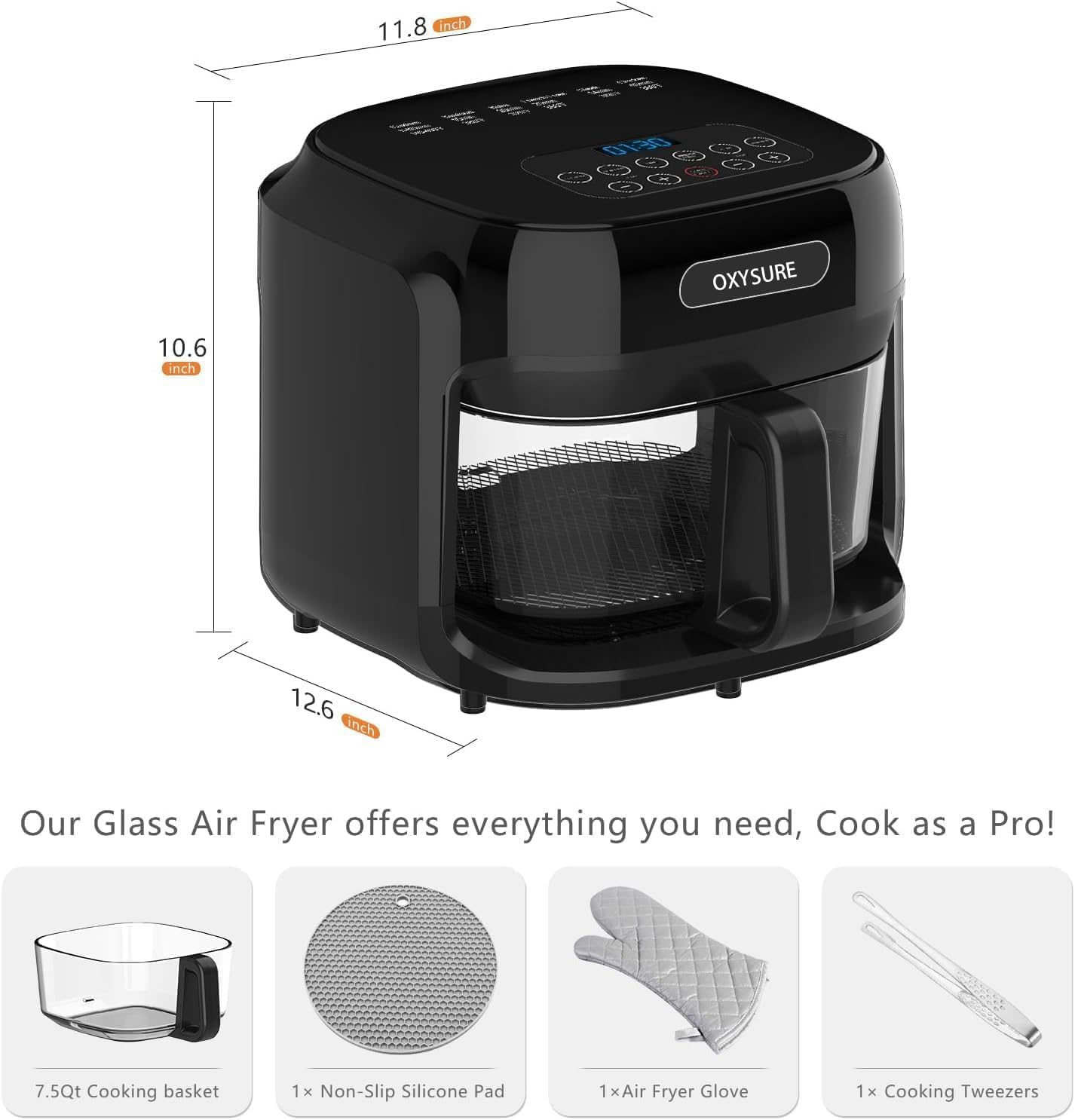 OXYSURE 7.5QT Air Fryers Glass Air Fryer with 360° Even Heating and DEMO