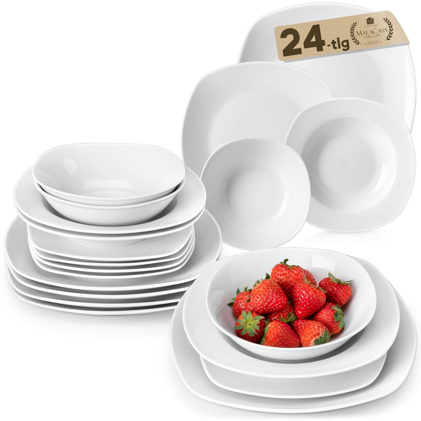 MALACASA Elisa 24-Piece Ivory White Porcelain Dinnerware Set Bowls & Plates DEMO