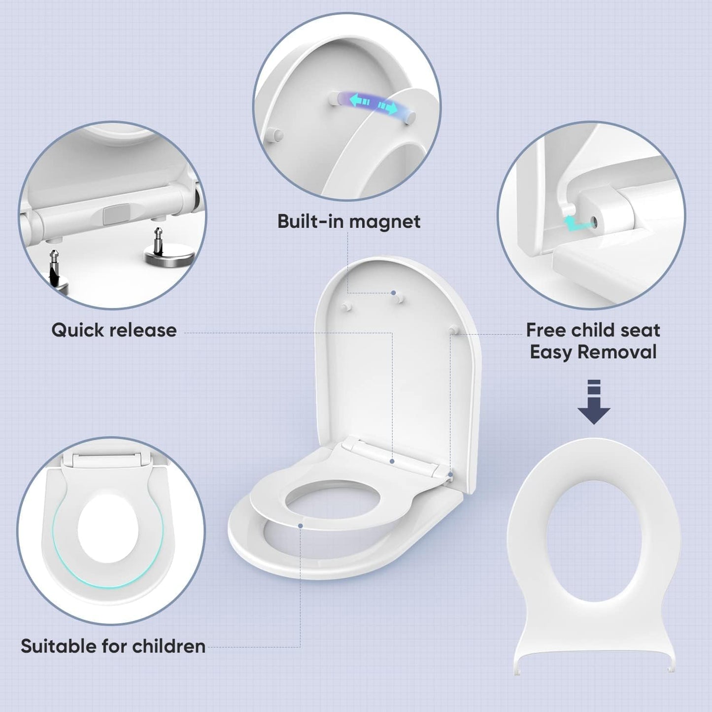 MUJIUSHI Soft Seats Close Toilet Seat with Built-in Child Seat, White, U/D DEMO