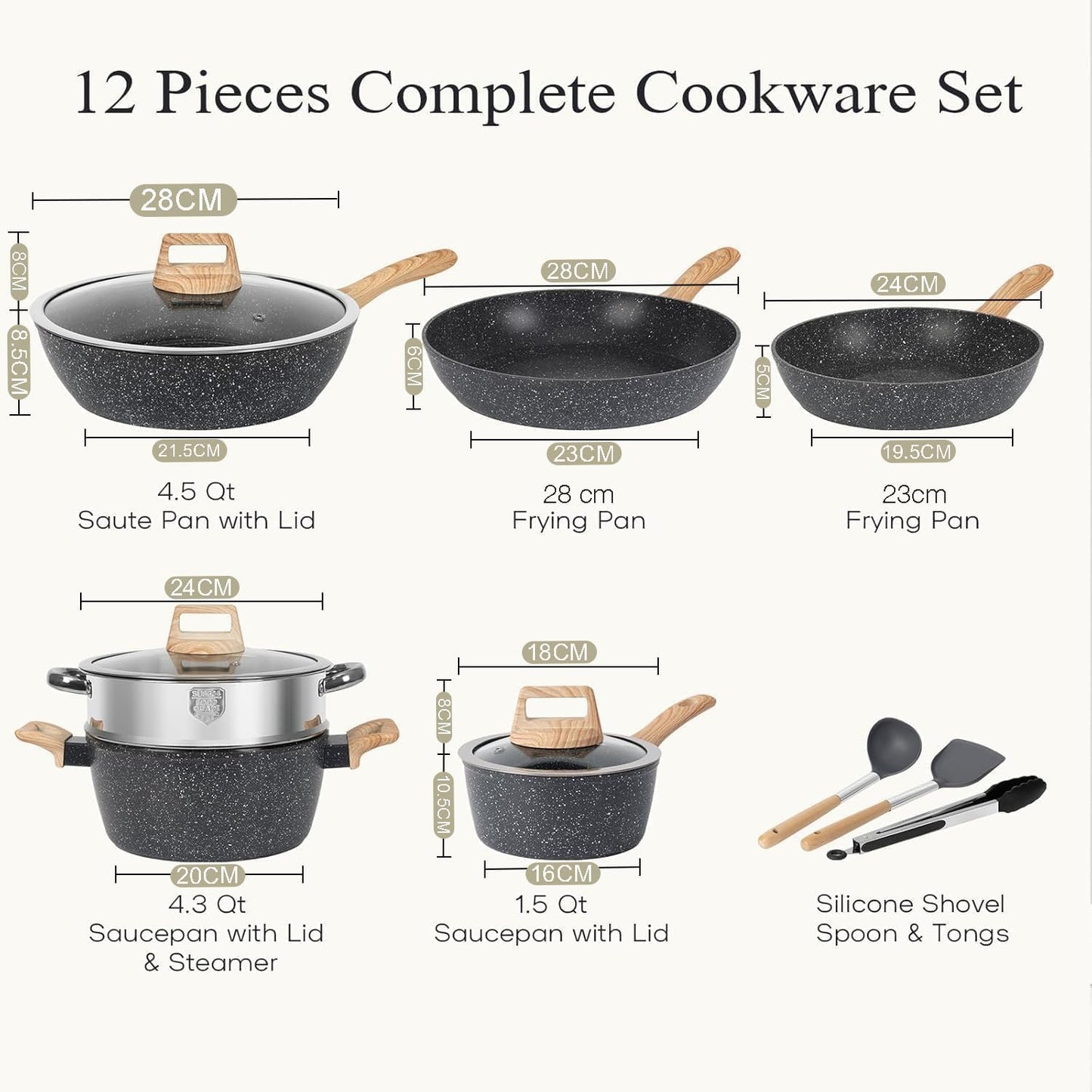Segden 12-Piece Non-Stick Granite Cookware Set - Black Pots and Pans for DEMO