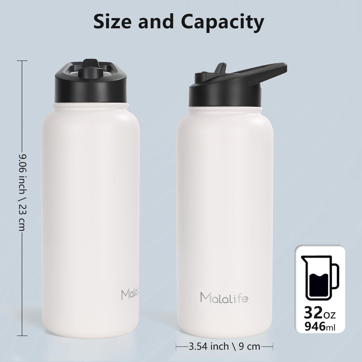 Malalife Insulated Drink Flasks Stainless Steel Water Bottle Dual Lids BPA NEW