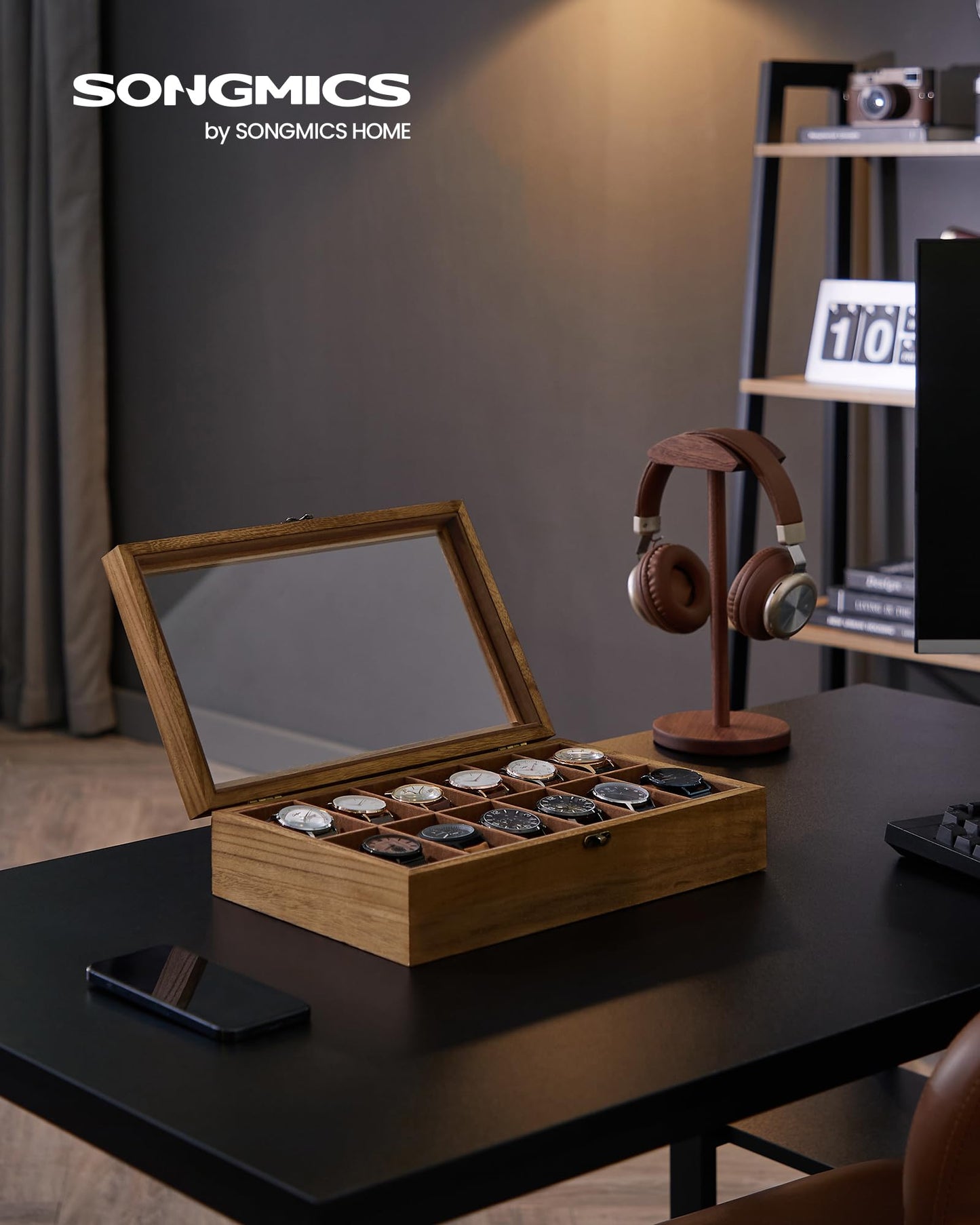 SONGMICS 12-Slot Rustic Walnut Wood Watch Box Organizer with Glass Lid DEMO