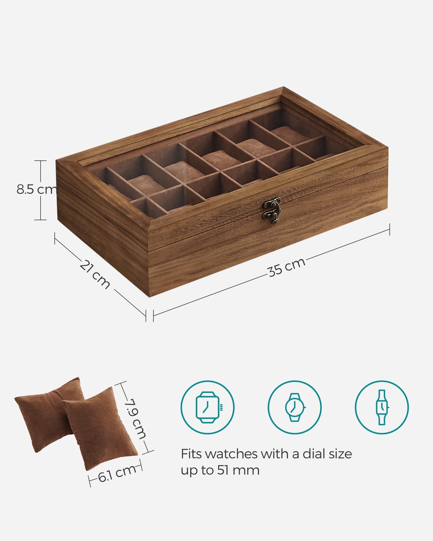 SONGMICS 12-Slot Rustic Walnut Wood Watch Box Organizer with Glass Lid DEMO