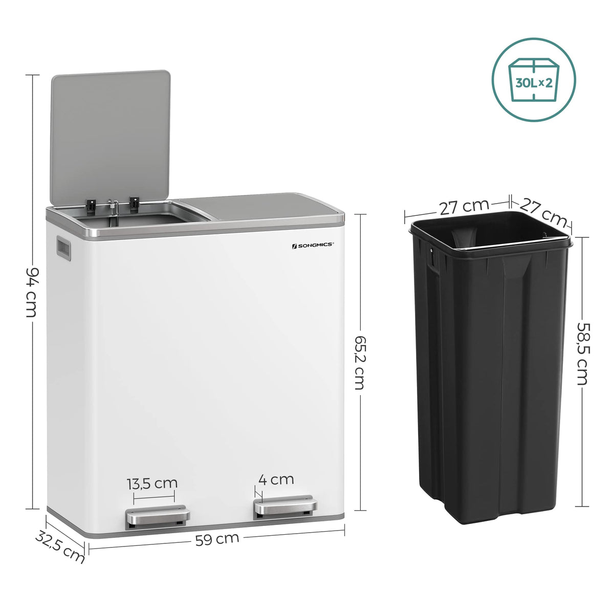 SONGMICS 60L Double Compartment Kitchen Trash Can with Metal Pedal, White DEMO