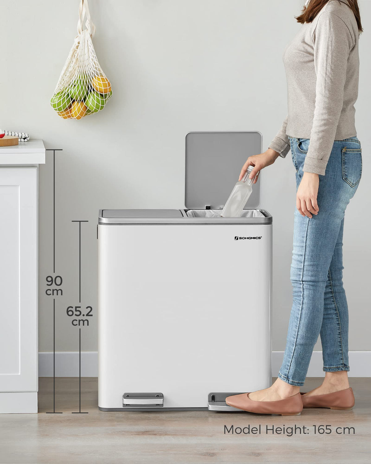 SONGMICS 60L Double Compartment Kitchen Trash Can with Metal Pedal, White DEMO