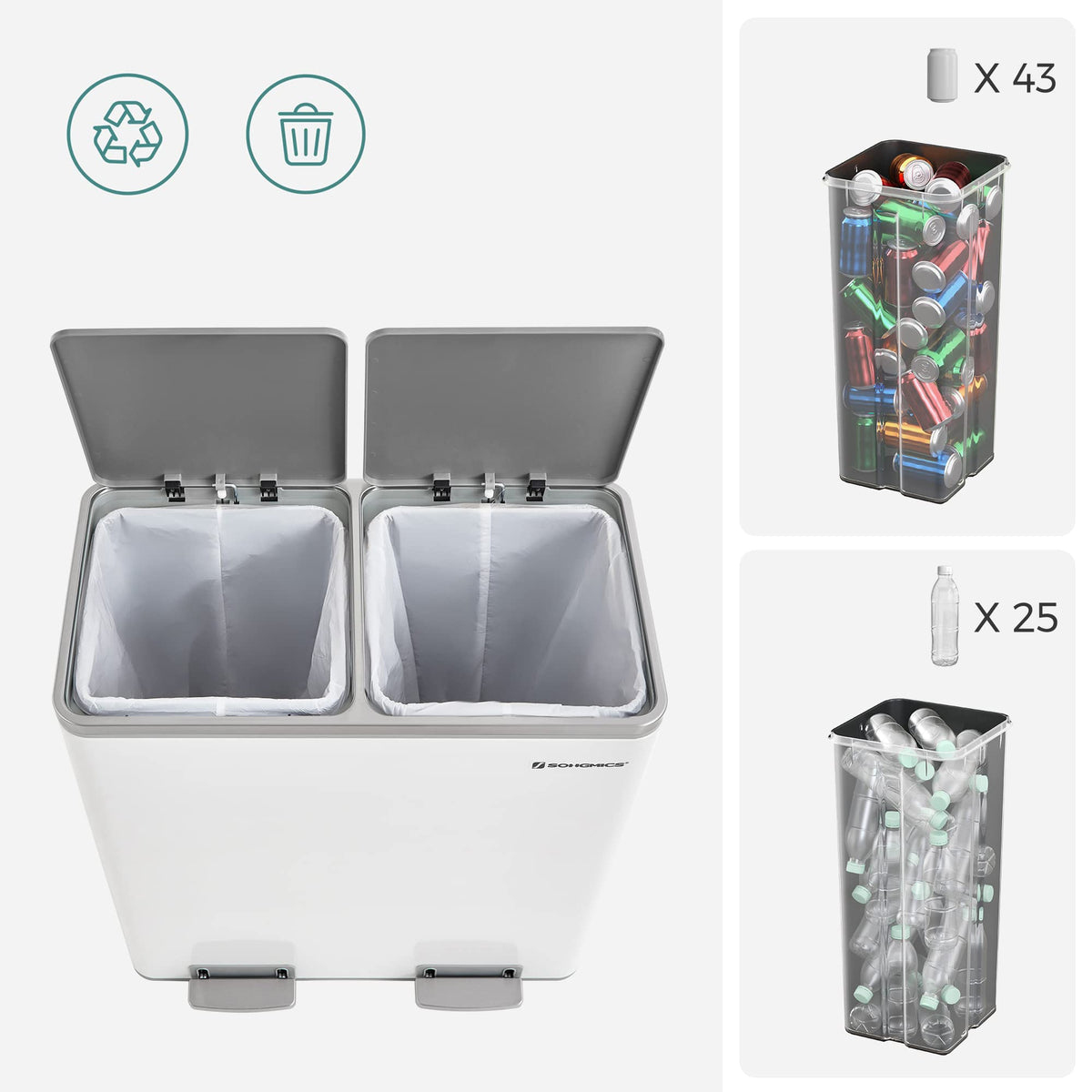 SONGMICS 60L Double Compartment Kitchen Trash Can with Metal Pedal, White DEMO