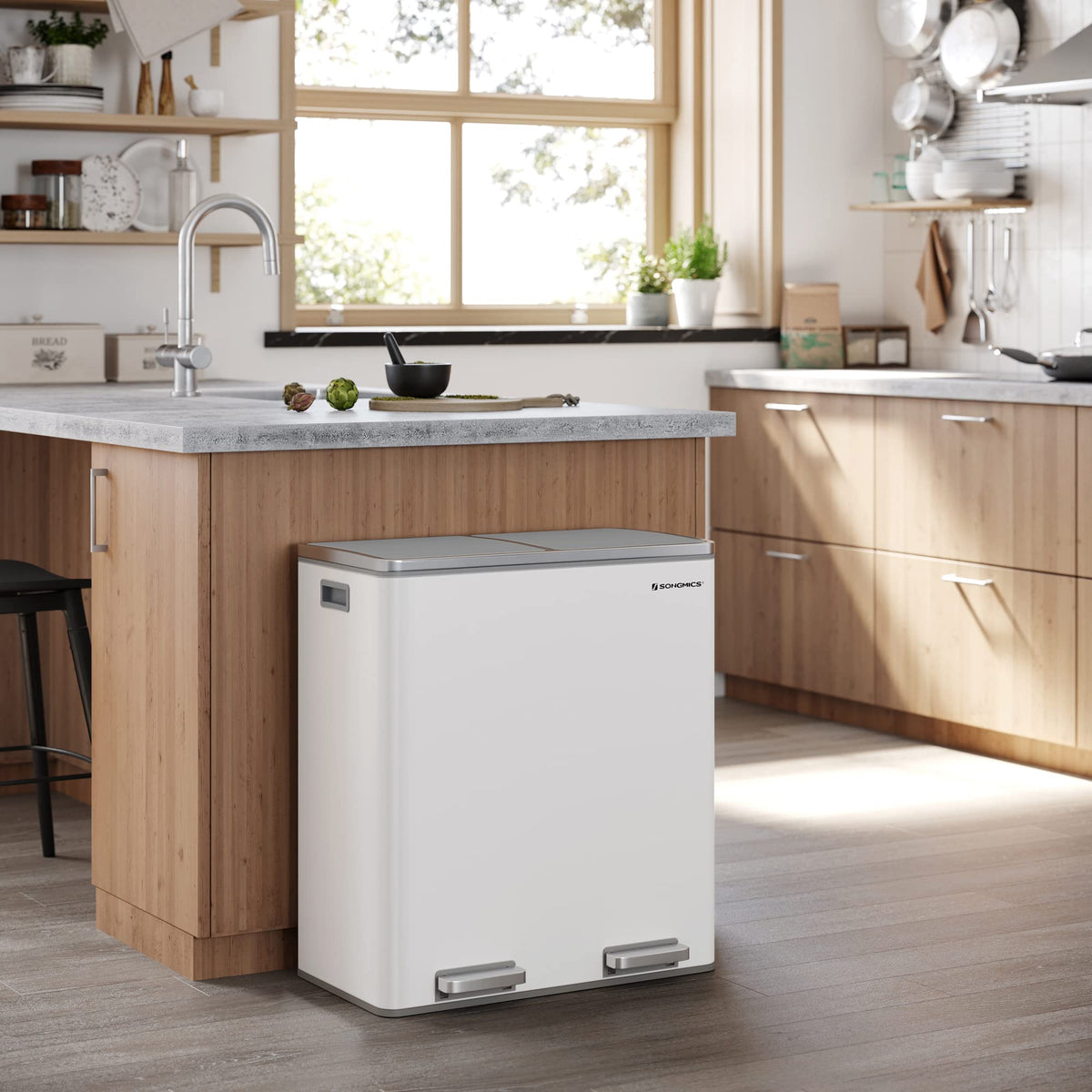 SONGMICS 60L Double Compartment Kitchen Trash Can with Metal Pedal, White DEMO