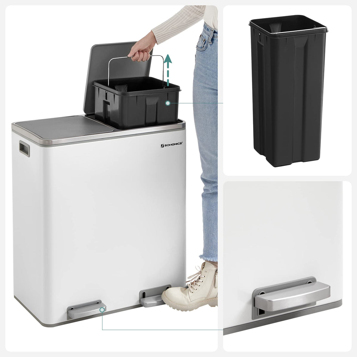 SONGMICS 60L Double Compartment Kitchen Trash Can with Metal Pedal, White DEMO