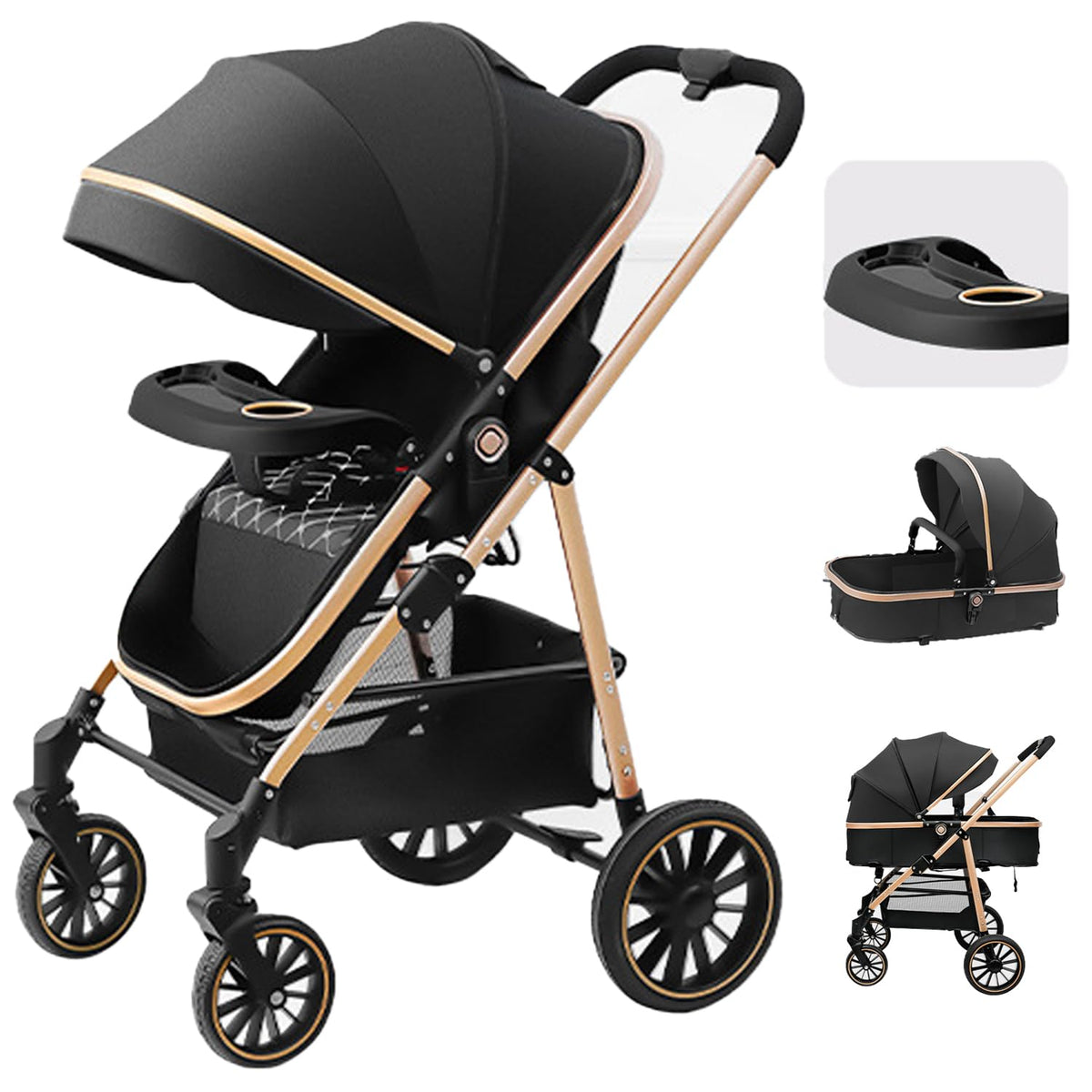 XCJump Lightweight 3-in-1 Travel Pram Stroller with One-Hand Fold, Black DEMO