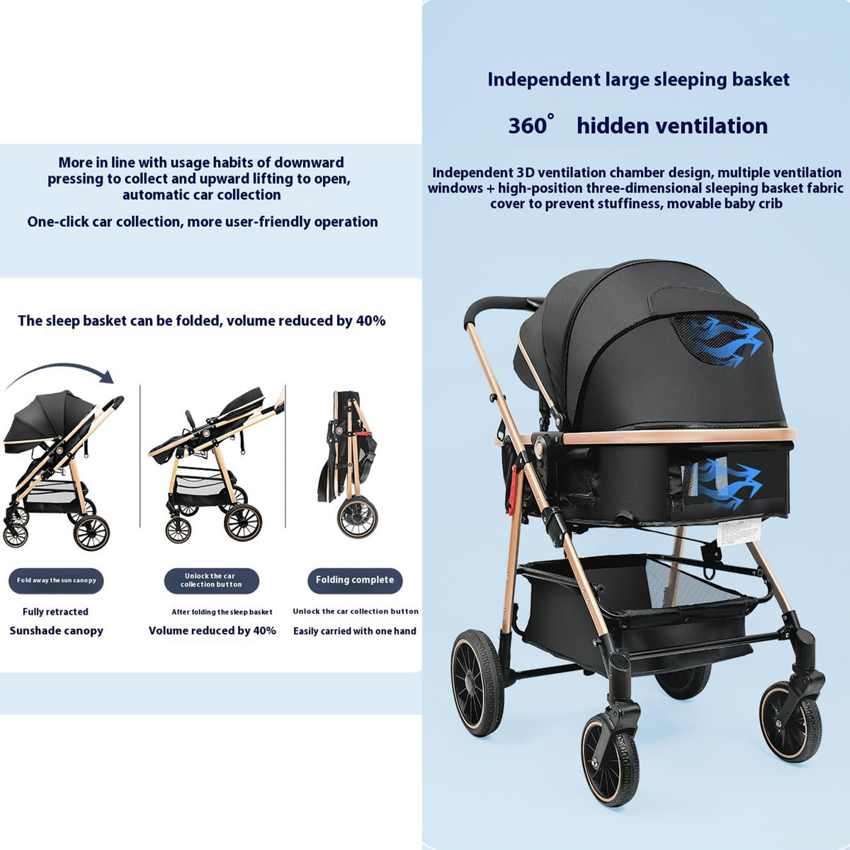 XCJump Lightweight 3-in-1 Travel Pram Stroller with One-Hand Fold, Black DEMO