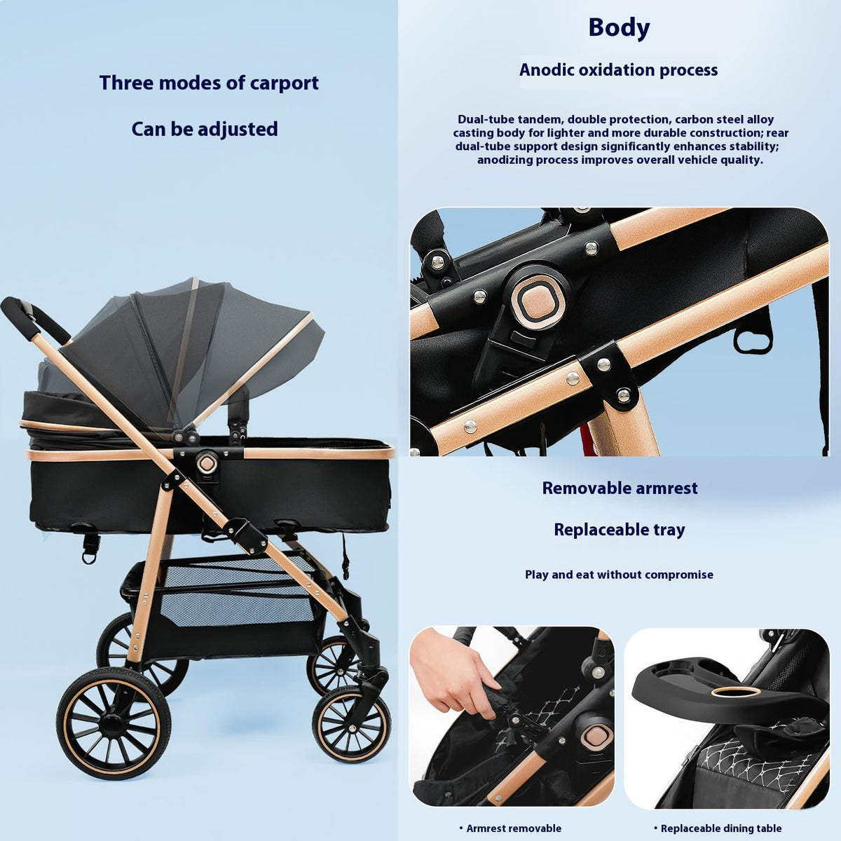 XCJump Lightweight 3-in-1 Travel Pram Stroller with One-Hand Fold, Black DEMO